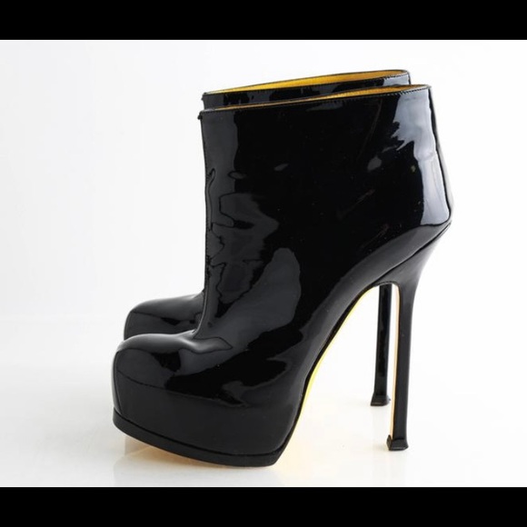 YSL AUTHENTIC Boots black patent high heeled booties with yellow soles! - Picture 1 of 13